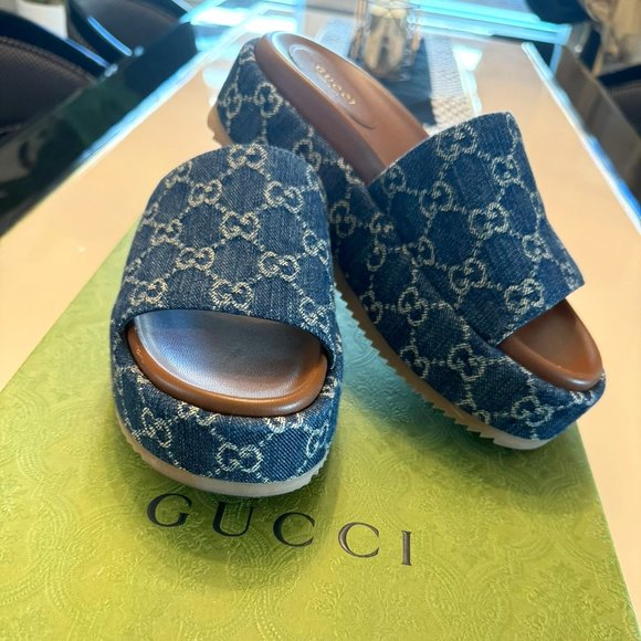 Gucci Angelina Platform Slide Sandals Denim GG Delave Blue Tea EU 38.5 US 8.5 - Picture 1 of 5